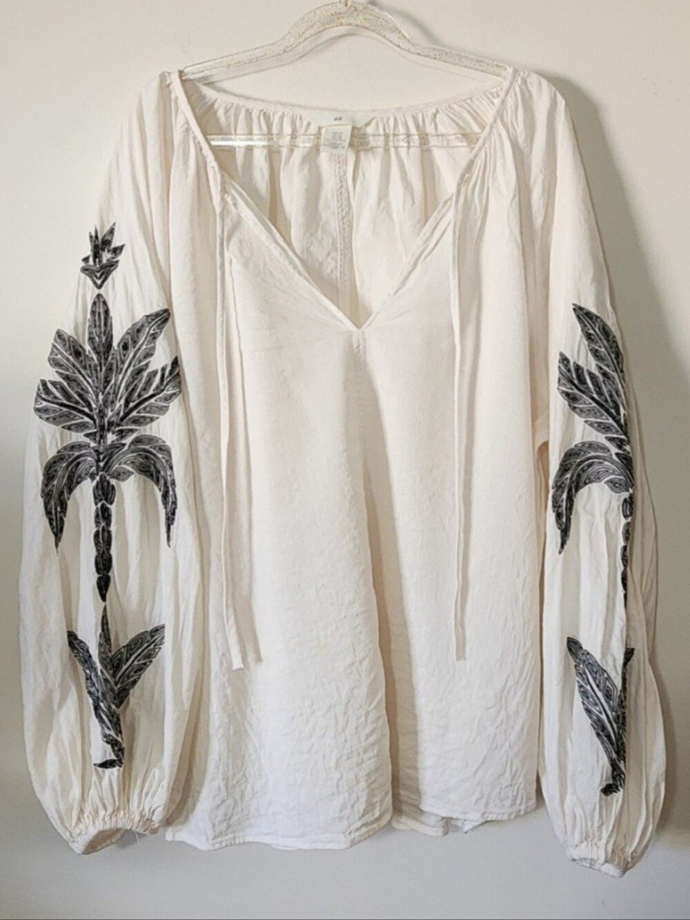 H&M Embroidered Peasant Top Gauzy Boho Coastal Tropical Palm Trees Botanical XL